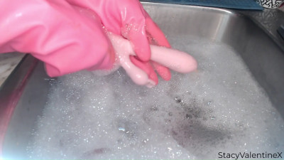 StacyValentineX - Washing sex toys with pink gloves