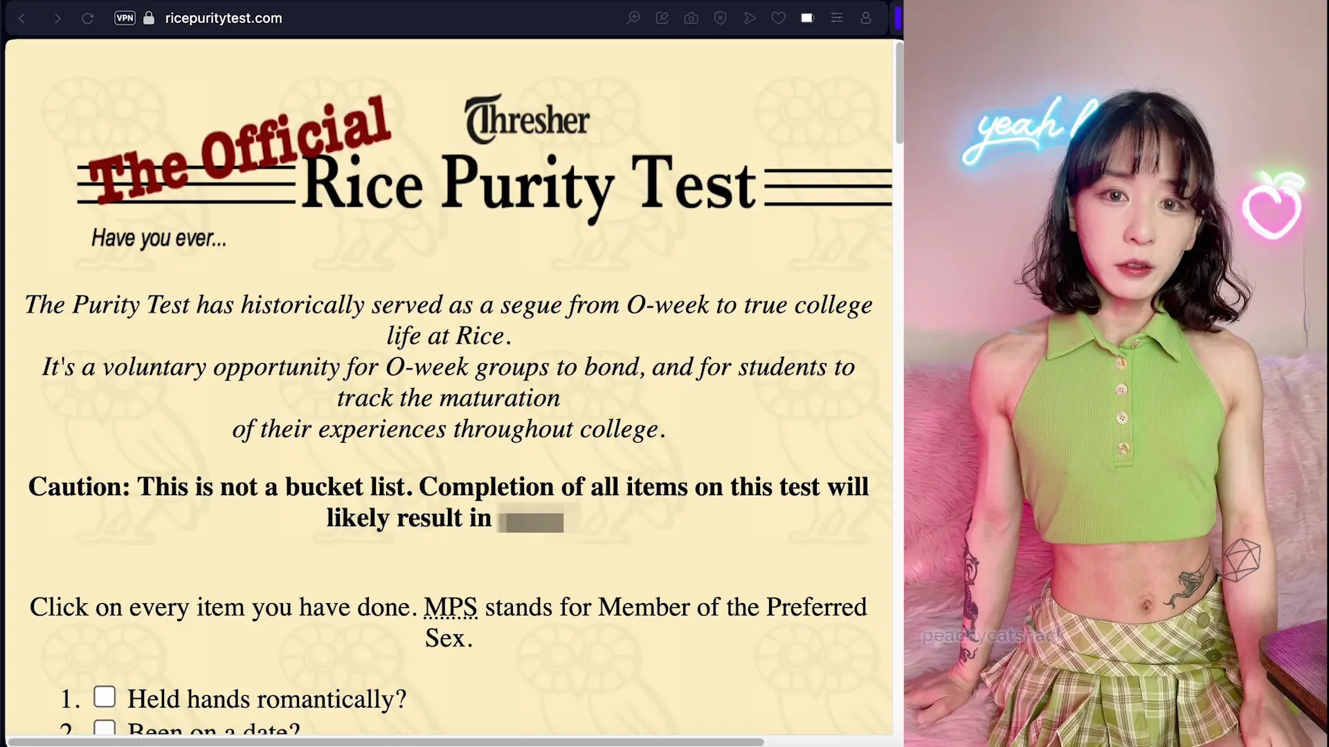 Exclusive Leak: peachycatsnack - Fit girl Peachy Catsnack takes the Rice Purity Test - Stream in FullHD | Hotleakxxx.com